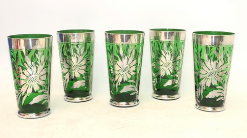 5er Set B.Q Champagner Becher grünes Glas 925er Silber Overlay H. 14,5 cm 400 ml - Picture 3 of 12