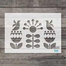 Scandi style  STENCIL Folk motifs Tulip flower birds Scandinavian wall decor