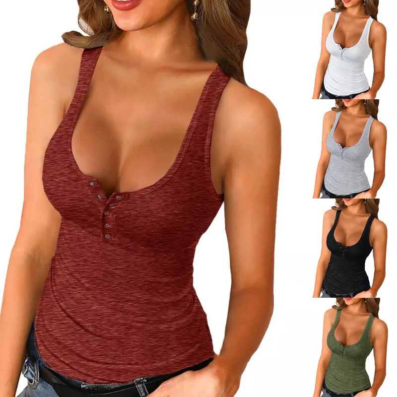 KIJBLAE Summer Shirts Sexy Slim Cami Sleeveless V Neck Vest for