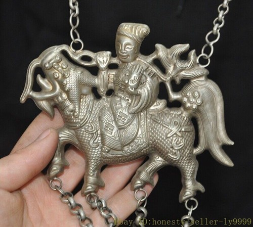 16" Chinesisches Tibetisches Silber Junge Foo Hund Löwe Tier Amulett Anhänger Halskette Statue - Bild 5 von 6