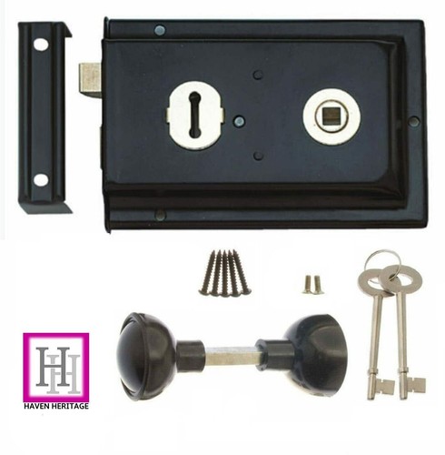 Rim Lock Set 6"x 4" Deadbolt -/+ Brass, Chrome, Black, Cast Iron Knobs / Handle - Picture 16 of 19