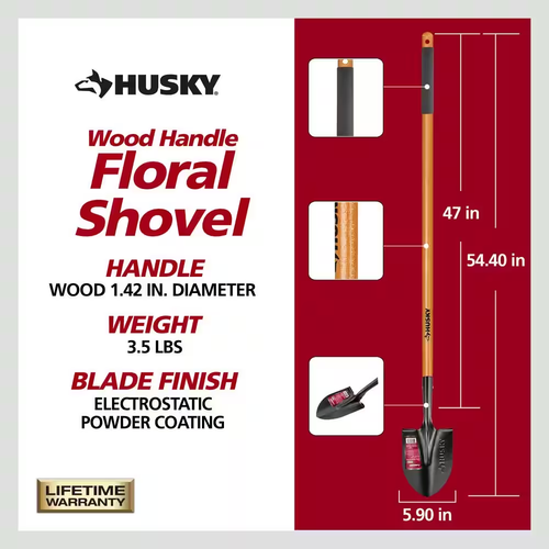 47 In. L Wood Handle Floral Carbon Steel Digging Shovel with Grip Durable Wider - Picture 2 of 8