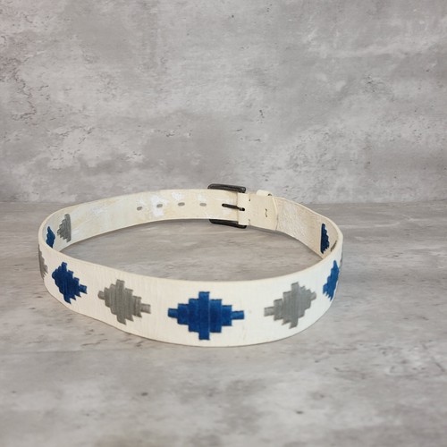 Leather Belt Womens Handmade Southwestern Native Santa Fe Aztec Stitching Beige - Picture 2 of 16