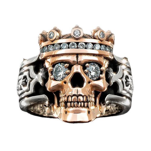 New Gothic Skull Crown Pattern Ring for Men Cz Zircon Punk Skull King - Picture 20 of 30