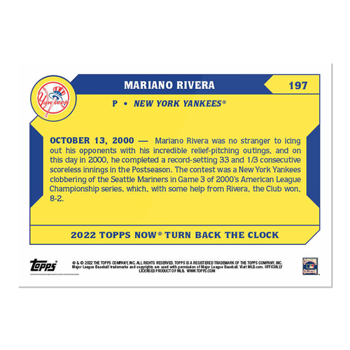 2022 Turn Back Clock - 197 - Mariano Rivera 33 1/3 Scoreless -Free Shipping! - Picture 2 of 2