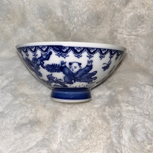 Set Of 2 Blue & White Rice Bowl Boys and Butterflies Design Footed 4.5" Diameter - Picture 4 of 15