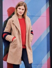 Boden Hereford Camel Soft Truffle Teddy Bear Coat Navy Red Stripes Uk 12 New