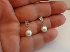 925 STERLING SILVER LADIES STUD DANGLING EARRINGS W/ LAB CREATED PEARL/DIAMONDS