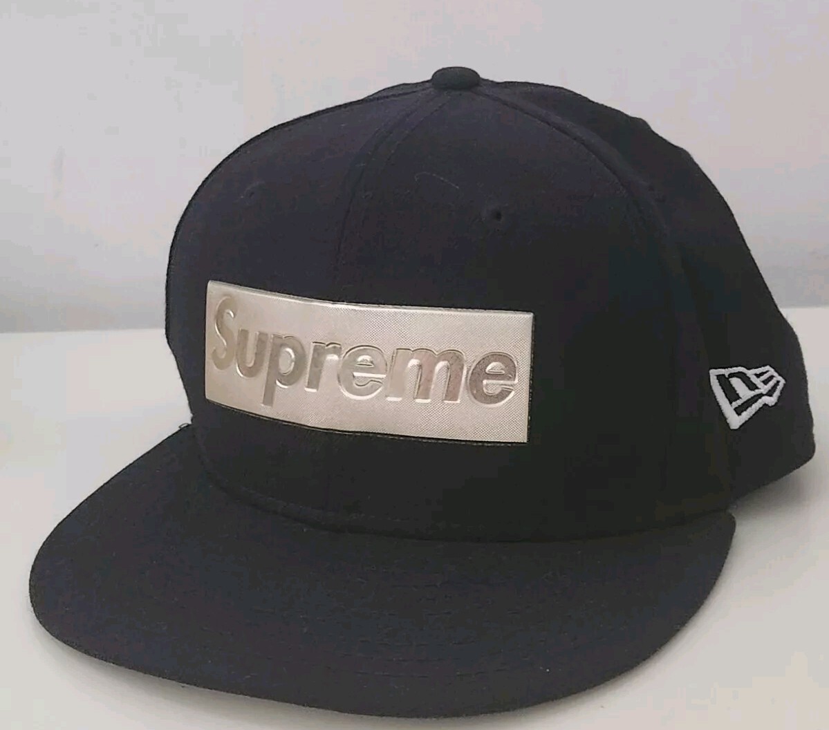 SS16 Supreme Box Logo New Era Navy hat Silver Metallic logo