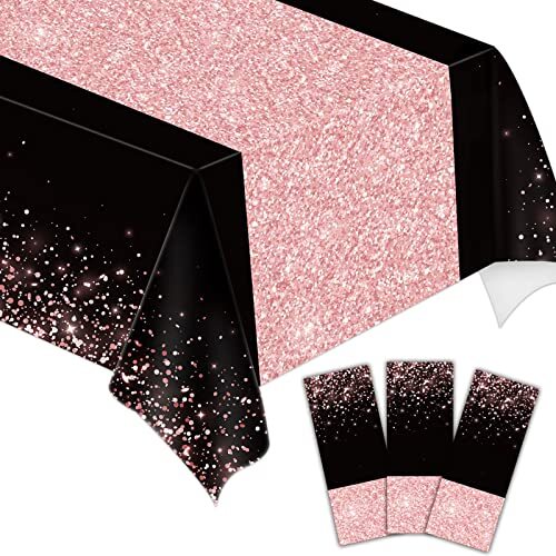 3 Pack Black and Rose Gold Glitter Sequin Tablecloth Sparkly Table Cover Decor - Picture 1 of 7