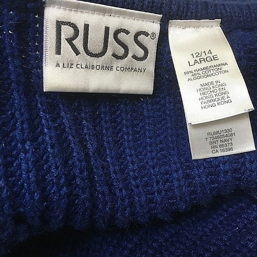 Vintage Women's Russ Size Large Cable Knit Sweater Blue White Stripes V-Neck - Picture 5 of 5