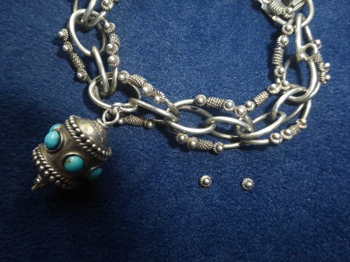 Antique Sterling Silver Fancy Charm Bracelet W/Turquoise Charm Marked 7.5" - Picture 9 of 19
