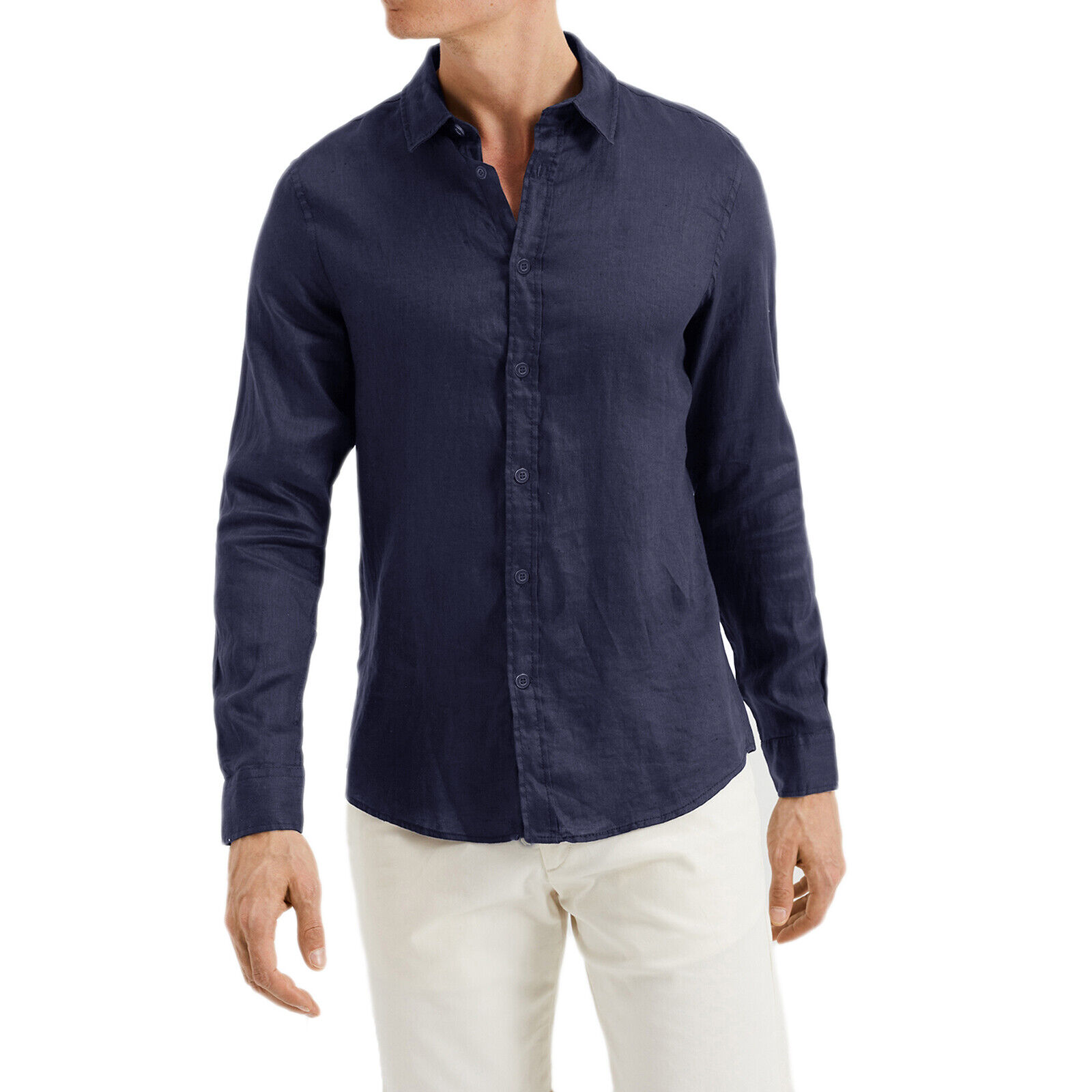 Camicia Uomo Di Lino Casual Slim Fit Manica Lunga Bianca Celeste Blu Verde Veque - Foto 14 di 52