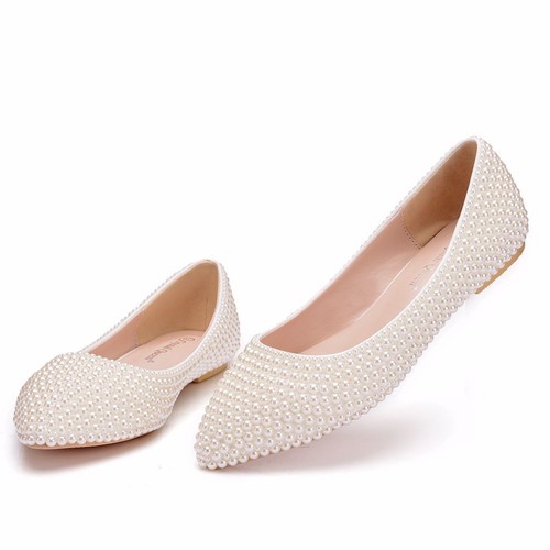 Damen Weiß PerlenSchwanger Schwanger Flache Schuhe Braut Hochzeit Brautschuhe - Bild 20 von 27