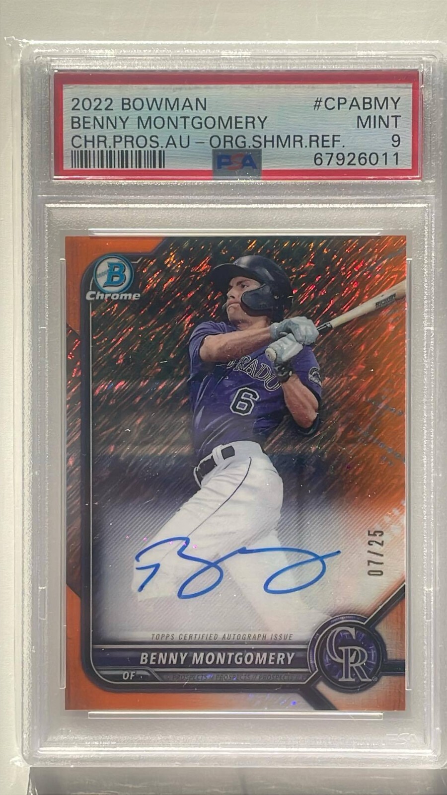 2022 BOWMAN CHROME #CPABMY BENNY MONTGOMERY ORANGE SHIMMER /25 PSA 9