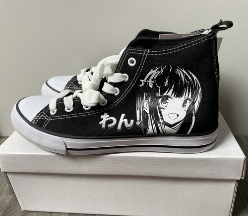Hi Top Canvas Turnschuhe Befree Anime Design schwarz Schnürung UK 4 EU 37 BRANDNEU MIT ETIKETT
