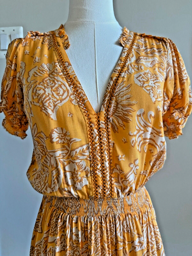 Poupette St Barth Bibi V Yellow Oriental Foulard Mini Dress XS $320 - Picture 3 of 6