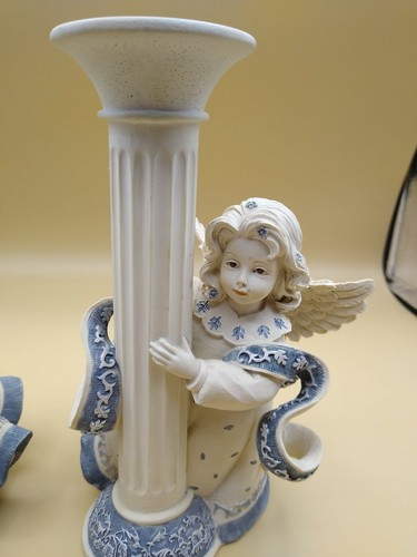 Pair Blue &White Sarah's Angels Candle Stick Candlestick Figurines Betty Sings 2 - Picture 2 of 11
