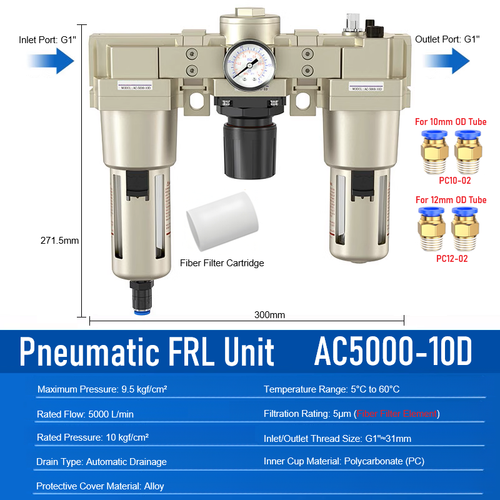 Industrial-Grade FRL Unit 5μm AF3000 Oil Water Separator0-1.2MPa AR Valve AL4000 - Picture 95 of 98