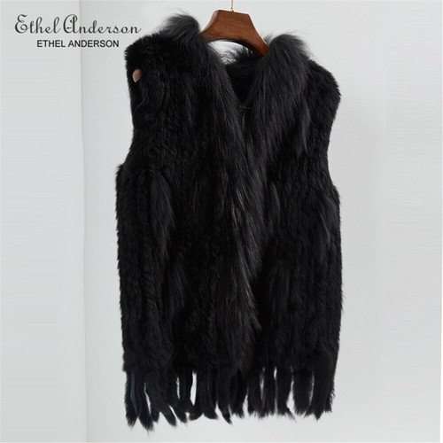 Real Women's Rabbit Fur Vest WIth Raccoon Collar Tassels Coat Knitted Furry H9 - Picture 14 of 21