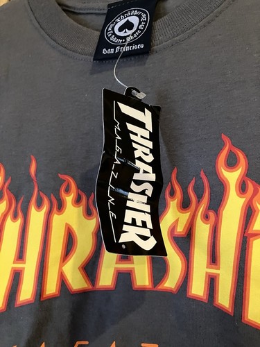 Thrasher Magazine Flames Logo Skateboard Gray T-Shirt Men’s Size Small New NWT - Picture 3 of 6