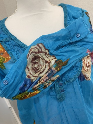 Magazine XL Blue Floral Boho Peasant Blouse Tunic Top Lace Henley Lightweight - Picture 8 of 24