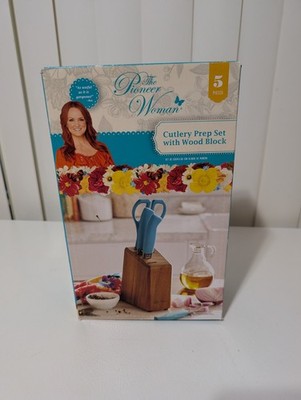 New The Pioneer Woman Turquoise 5 Piece Cutlery Prep Set with Wood Block 