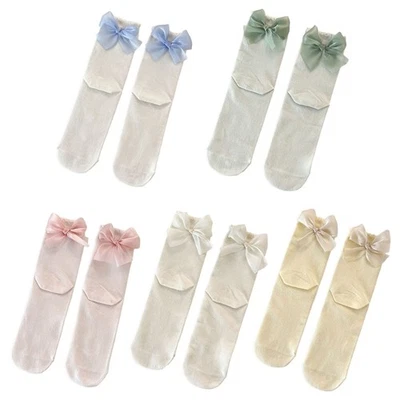 Elegant Princess Cotton Crew Socks Women Cute Ribbon Bowknot Middle Tube Socks - Image 1 of 4