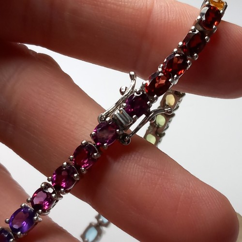 STERLING SILVER 925 RAINBOW MULTICOLOUR MULTI GEM OVAL TENNIS LINE BRACELET 7.5" - Picture 15 of 24