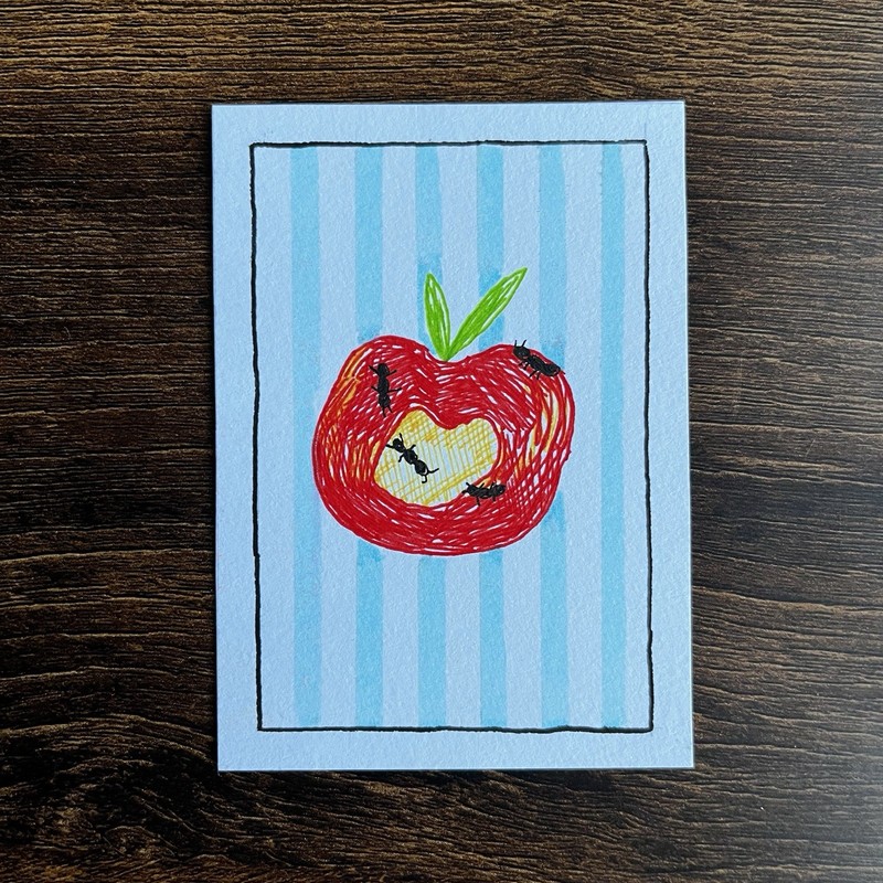ACEO Original Art Card - Red Apple Ants by Jessi Eggettes - Ink & Highlighter