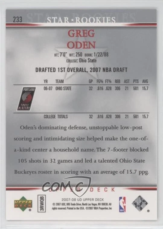 2007-08 Upper Deck Star Rookies Greg Oden #233 Rookie RC - Image 2 of 2