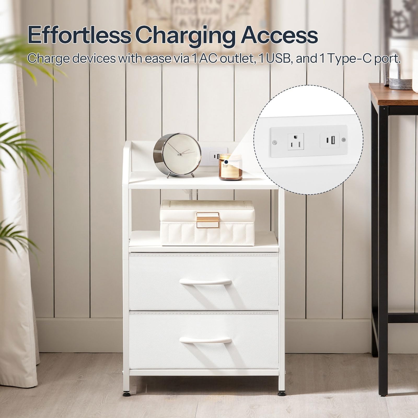 Nightstand with Charging Station, Bedside Table with Adjustable Fabric Drawer...