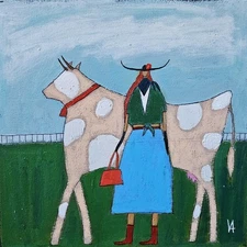 Painting Original Cowgirl Cow Portrait Canvas Outsider Whimsical 10x10 Art 