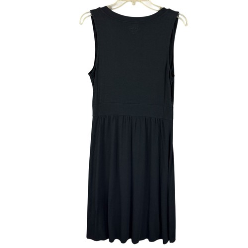 L.L. Bean M Summer Knit A-Line Sleeveless Midi Dress Black Faux Surplice - Picture 3 of 10