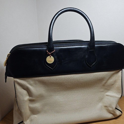 Chloe Vintage Black Beige Canvas Leather Tote Bag Handbag Authentic - Picture 5 of 24