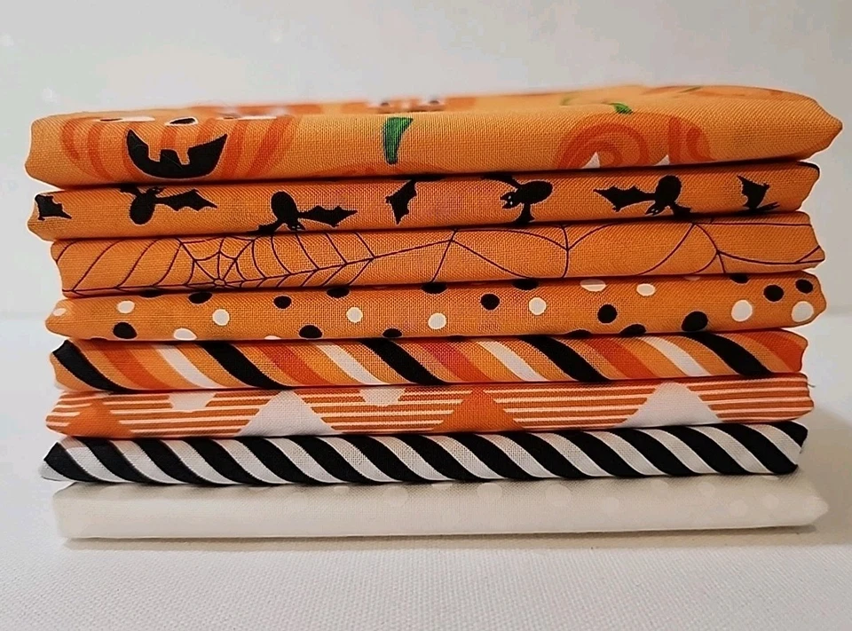 Quilting Cotton Fabric 1/2 yd. Bundle Too Cute to Spook, 8 prints Pumpkin Orange - Image 2 of 4