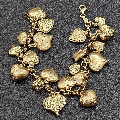 Brazalete Vintage 7" Milor Italia Oro Amarillo 14k Corazón Hinchado 20 Dijes Texturizado - Imagen 2 de 20