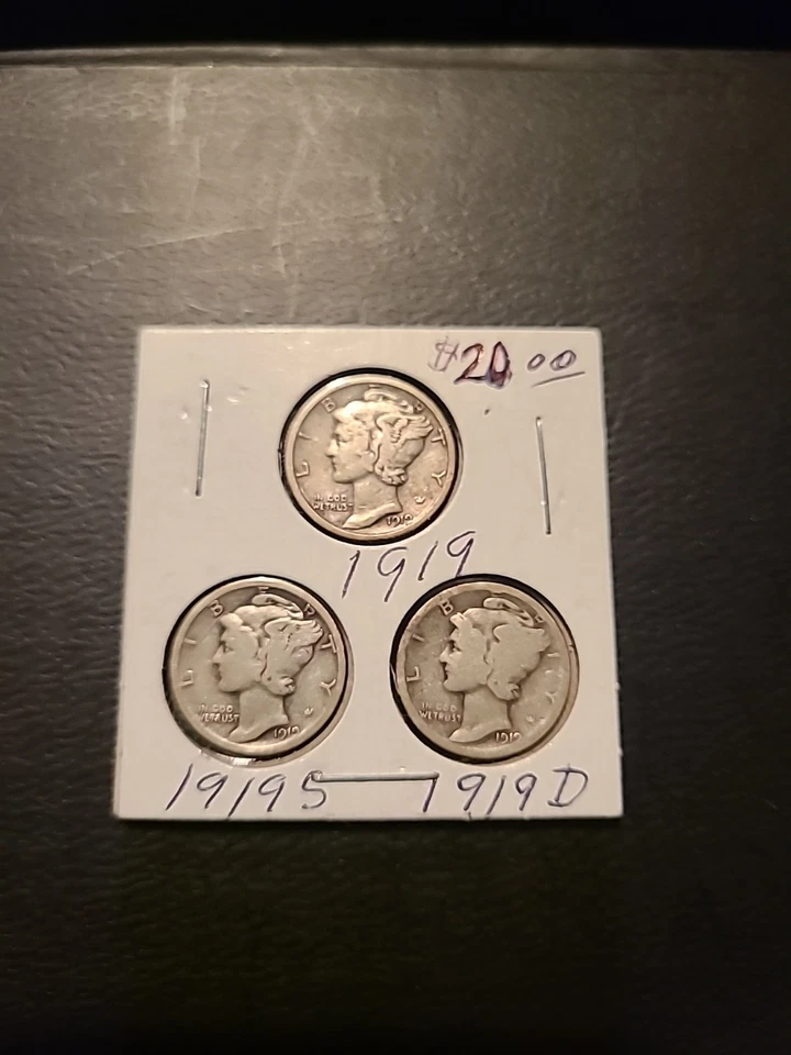 LOTE DE TRES MONEDAS DE DIEZ CENTAVOS DE PLATA MERCURIO 1919-P D S Foto 3 de 4