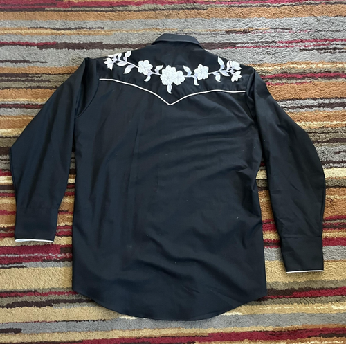 Camicia Tem Tex uomo 16,5 nera ricamata western perla snap floreale rodeo cowboy - Foto 2 di 12