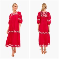 The Great. The Heirloom Cotton Midi Dress Red Applique Floral White Cottage 0