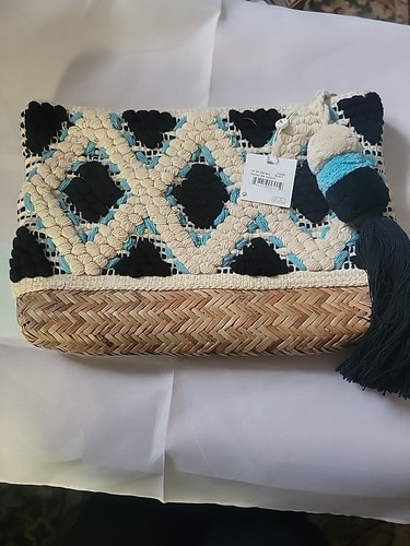 Shiraleah Chicago Woven Tassel Fringe Navy And Turqoise Clutch Handbag Purse - Picture 1 of 6
