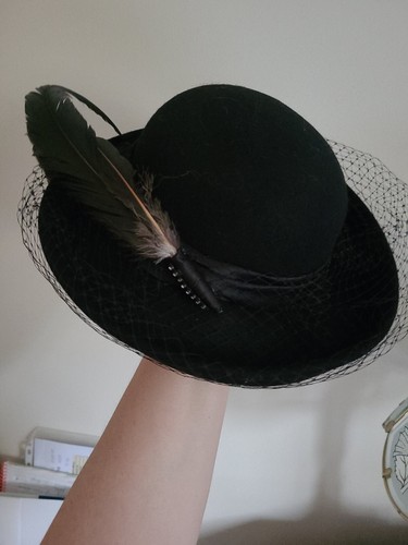 Jean Arlett Creations Vintage Women's Black Felt Wide Brim Veiled Hat w Tag - Picture 8 of 9