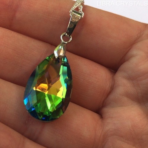 Peacock Green Aurora Borealis Premium Glass Crystal Teardrop Pendant 925s - Picture 3 of 5