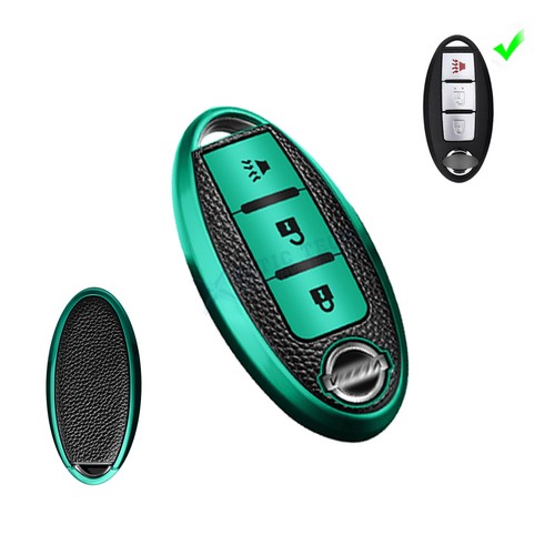 Green TPU+Leather Full Seal Remote Control Fob Shell Skin Key For Nissan Rogue - Picture 1 of 7