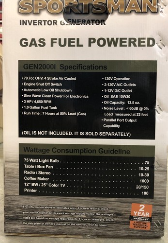 SPORTSMAN 2200 WATT INVERTER GENERATOR LIGHTWEIGHT PORTABLE GEN 2000I GEN2000I - Picture 2 of 3