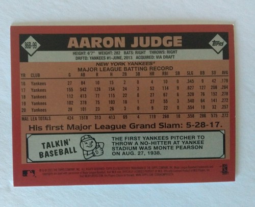 Inserto de béisbol Topps 2021 Aaron Judge #86B-99 1986 Topps New York Yankees - Imagen 2 de 2