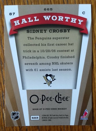 SIDNEY CROSBY, 2006-07 O-PEE-CHEE HALL WORTHY #665, PENGUINS - Picture 3 of 4