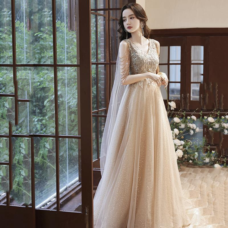 Mujeres Lujo Diamante Vestido de Noche Flecos Gasa Princesa Vestido Boda Fiesta Vestido