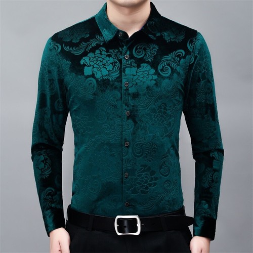 Men's Retro Golden Velvet Shirt Casual Middle-aged Long-sleeved Jacquad Tops - Picture 19 of 22