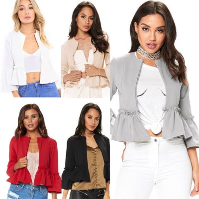 Women Ladies Ruffle Frill Bell Sleeve Open Front Peplum Coat Blazer Crop Jackets
